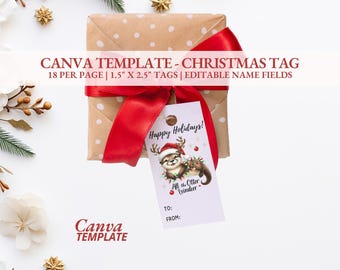 May include: Printable Christmas gift tags featuring an otter wearing a Santa hat and the text "Happy Holidays! All the Otter Reindeer". The tags are 1.5 inches by 2.5 inches and come with 18 tags per page. The tags are editable with fields for "To:" and "From:".