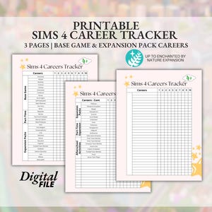 Cute Printable Sims 4 Career Tracker Planner Sheet Bundle - Expansion and Base Game Tracking Digital Download PDF, Enchanted by Nature Exp