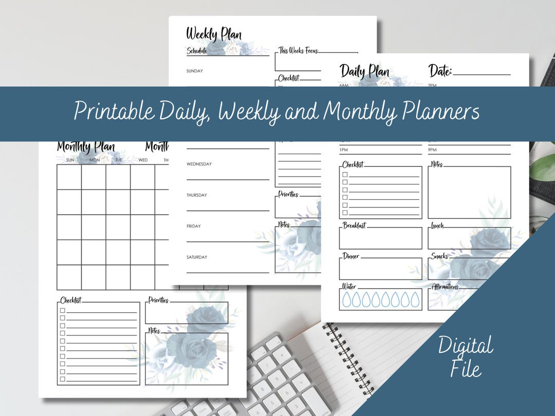 Printable Daily, Weekly, Monthly Planner Set, Blue White Roses Floral ...