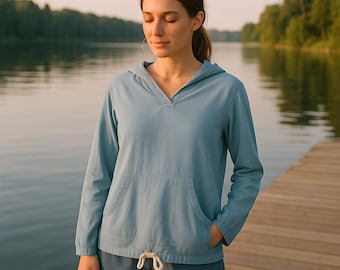 Ocean Sage Lightweight Cotton Gauze Hoodie – Oversized Beach Pullover – Soft Summer Layer