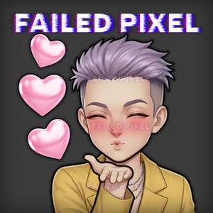 May include: Digital illustration of a person blowing a kiss, with three pink hearts and the text "FAILED PIXEL". The person has purple hair and is wearing a yellow jacket. The background is dark gray.
