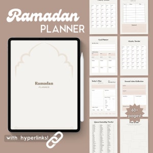 May include: A digital planner for Ramadan with a beige background and a mosque icon. The planner includes sections for goal setting, charity tracking, daily plans, Quran journaling, and reflection. The planner has over 60 pages and includes hyperlinks.