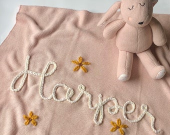 Personalized Hand Embroidered Baby Blanket & Bunny Set