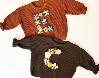 Hand Embroidered Floral Letter Design Sweater (Babies & Toddlers)