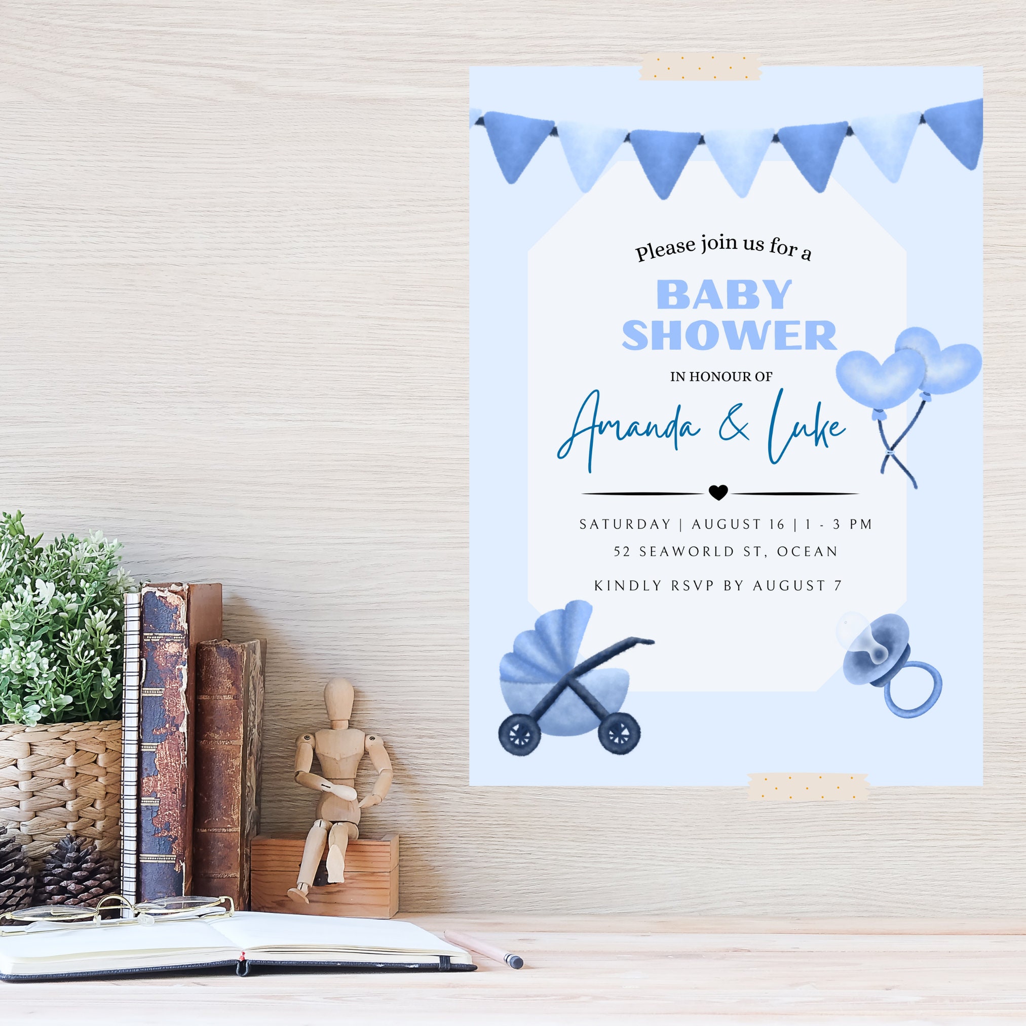 Editable Baby Blue Invitation Card Canva Template Baby Etsy Australia