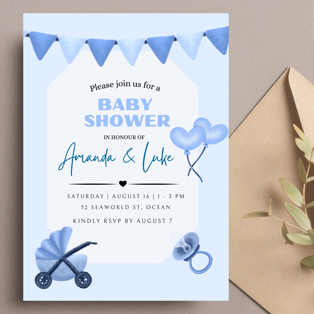 Editable Baby Blue Invitation Card Canva Template Baby Etsy Australia
