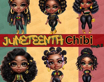 May include: A set of six digital illustrations of Black girls with different hairstyles and outfits. The girls are wearing colorful clothing and accessories, including glasses, earrings, and necklaces. The illustrations are in a chibi style, which is a Japanese style of cartoon character that is characterized by large heads and small bodies. The illustrations are set against a background of red, yellow, and green.