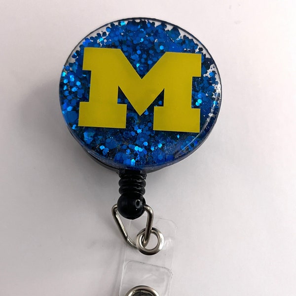 University of Michigan Wolverines , Retractable ID Badge Holder, Nurse Badge, Nurse Gift, Swivel Clip, Belt Clip, Football, Blue and Maize