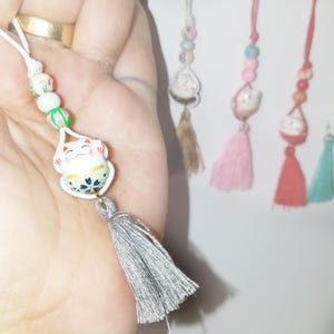 Ceramic pendant, maneki neko cat, key ring or bag charm