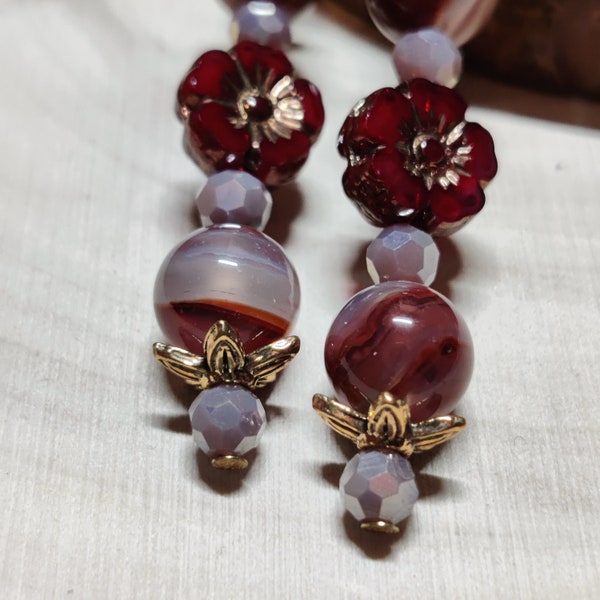 Sardonyx earrings, beautiful gemstone earrings with red flowers, crystal earrings, deep red agate earrings, romantic sardonyx earrings