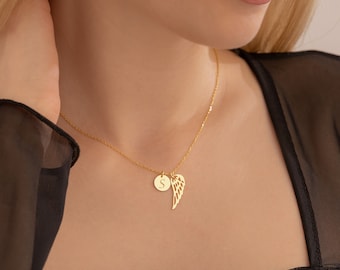 Sterling Silver Angel Wing Necklace, Custom Initial Disc, Memorial Jewelry