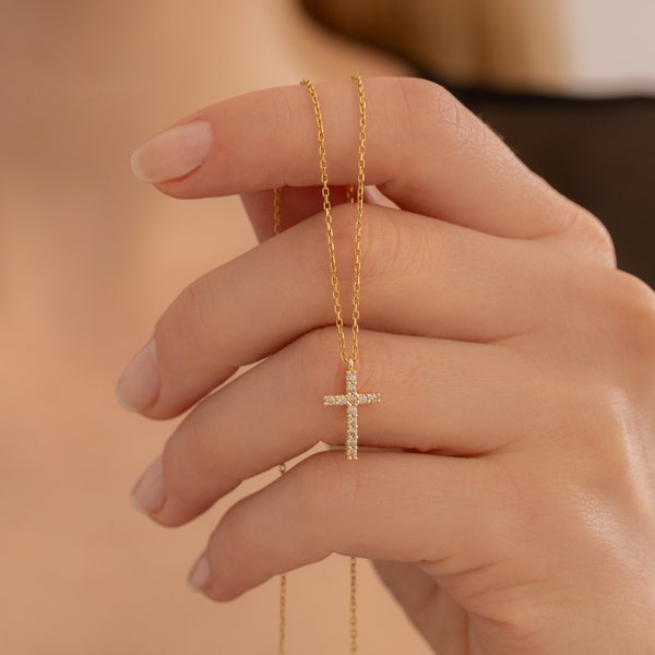 Delicate Religious Necklace - 925K Silver and 14k Solid Gold Cross Pendant with Cubic Zirconia Accents