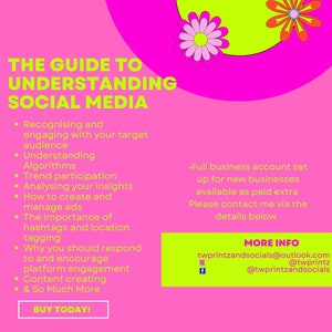 May include: A pink and green graphic with the text "The Guide to Understanding Social Media" and a list of bullet points about social media marketing. The graphic also includes the text "TW Printz and Socials" and contact information.