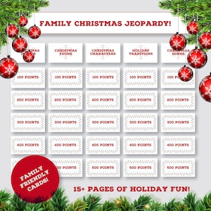 Christmas Jeopardy Afdrukbaar spel, afdrukbare spellen voor Kerstmis, Christmas Jeopardy-spel, kerstspellen voor familiefeestplezier voor alle leeftijden