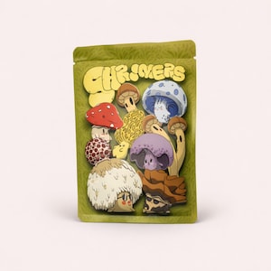 May include: A green, resealable bag featuring a collection of cartoon mushrooms in various colors and shapes. The bag has the word "CHRIVERS" in yellow block letters at the top. The mushrooms include red, brown, purple, and white varieties.