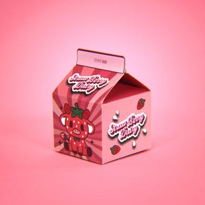 Caixa misteriosa de vaca de morango • Conjunto de presente kawaii com bolsa, broche de esmalte e adesivos • Estética de vaca fofa • Decoração de vaca pastel • Caixa temática Moo