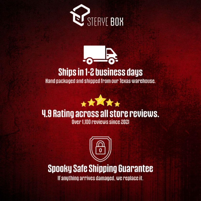 May include: A dark red graphic with white text and icons. The text reads "STERYE BOX", "Ships in 1-2 business days", and "4.9 Rating across all store reviews." There is also a truck icon and a lock icon.