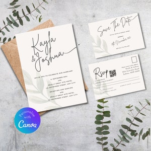 Minimalist wedding Invite, Save the date and RSVP | Downloadable template on Canva | QR code option