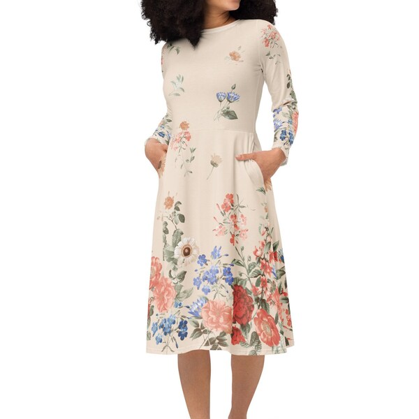 Floral Midi Dress, Mid Length Sun Dress with Pockets, Calf Length Midi Flowy Dress Cottagecore, A-Line Casual Maxi Modrest Dress