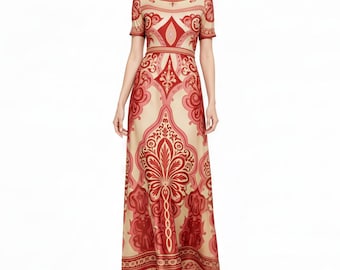 Abito lungo a trapezio con stampa vintage rossa, stile boho estivo con tasche