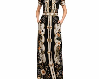 Black Floral Maxi Dress, Vintage Garden Party, Short Sleeve, Elegant Boho Style