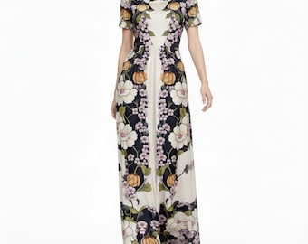 Vintage Floral Placement Print Maxi Dress, Ivory Black Elegant Long Dress