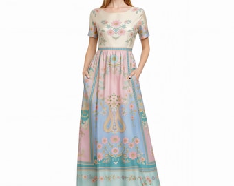 Abito lungo rosa a fiori, stampa folk romantica, stile boho cottagecore, abito da donna a maniche corte