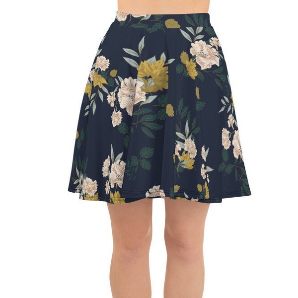 Mini jupe florale all over print, mini jupe évasée mi-cuisse, jupe courte circulaire, taille élastique, jupe fluide décontractée, jupe courte florale