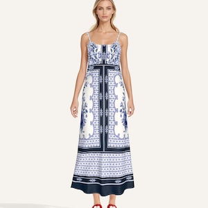 White and Navy Spaghetti Strap Maxi Dress with Beaded Effect Floral Print Bohemian Style