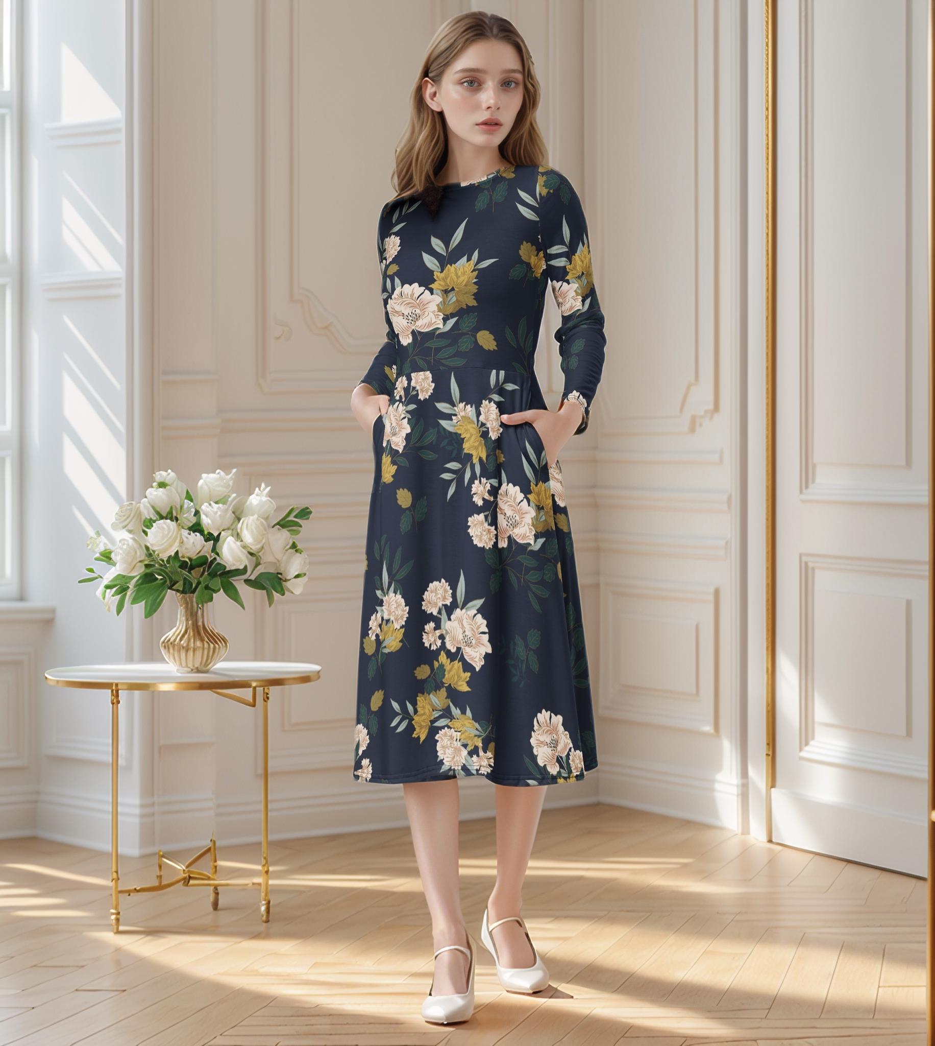Floral Midi Dress, Mid Length Sun Dress with Pockets, Calf Length Midi Flowy Dress Cottagecore, A-Line Casual Maxi Modrest Dress