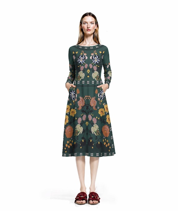 dark green floral midi dress Dress, Long Sleeve A-Line Folk Print, Garden Party Pocket calf length Length:Chapel 200 cm Floral print button down dress midi Buy Sosandar Blue Popper