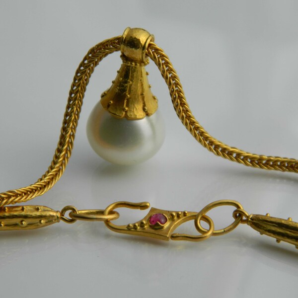 22k gold foxtail chain with granulated pearl pendant