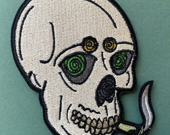 3.5” Skeleton with A Cigarette Iron On Patch for Denim Jacket Punk Skeleton Art Patch Iron on Appliqué Embroidered Skull Patch Smoking