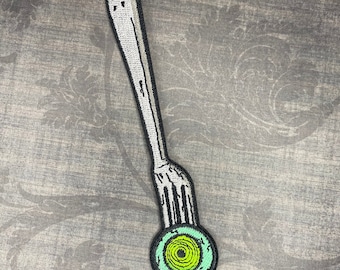 4.5” Eyeball on a Fork Iron on Embroidered Patch for Denim Battle Jackets Crust Punk Patch for Festival Vests Creepy Occult Goth Embroidery