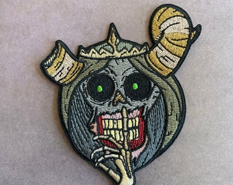 3.5” Lich King Iron On Patch for Denim Jacket Adventure Horned Skull Cartoon Embroidered Patch Creepy Lich Appliqué Anime Patch