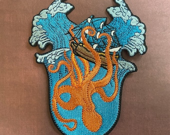 5” Kraken Iron on Patch embroidered for Cryptid Ocean Creature Pirate Ship Sinking Octopus Giant Squid Deep Sea Monster Gift for Seaside