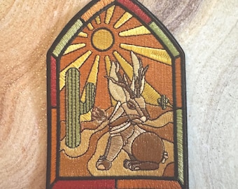 5" Jackalope Stained Glass Iron On Patch Desert Cryptid Antlers Rabbit Creature Oddity Gothic Gift Patch for Denim Jacket Applique
