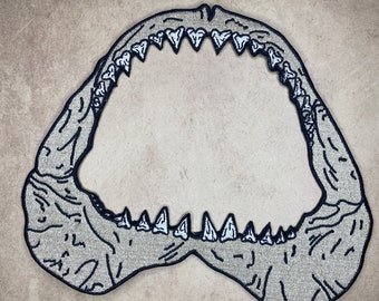7” Shark Jaws Embroidered Iron on Patch for Denim Jacket Back Patch for Battle Jacket Fossil Megaladon Shark Scary Cool Patch Great White