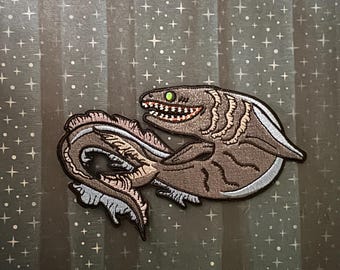 5” Frilled Shark Embroidered Iron on Patch for Denim Battle Jacket Shark Applique Deep Sea Scary Teeth Prehistoric Shark Dinosaur Embroidery