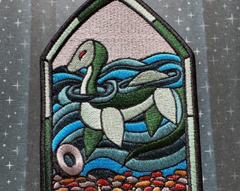 5” Loch Ness Monster Stained Glass Iron on Patch Cryptid Embroidery for Monster Goth Occult Baddie Patch for Denim Jacket Appliqué Folklore