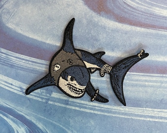 4” Shark Punk Iron on Patch for Battle Jackets Pierced Great White Shark with Chains Embroidery Goth Gift Patch for Denim Jacket Ocean Shark
