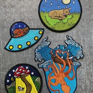 Iron on Patch Set Aliens and Octopus Bundle of 4 Deal Ocean Monster UFO for Denim Jacket Multiple Patches Creepy Funny Gift Embroidery