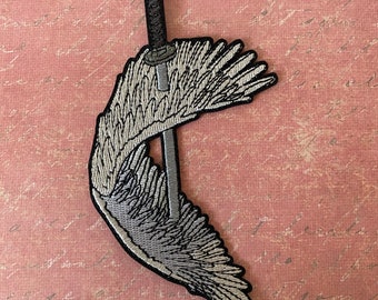 5” Angel Wings Nail Sword Embroidered Iron on Patch for CSM Anime Manga fans Wings Impaled Japanese Sword Katana Subtle Anime Patch Jacket