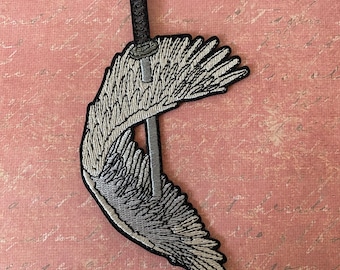 5” Angel Wings Nail Sword Embroidered Iron on Patch for CSM Anime Manga fans Wings Impaled Japanese Sword Katana Subtle Anime Patch Jacket