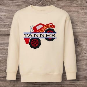 Personalized Monster Truck Split Applique Embroidery • Custom Name Kids Sweatshirt • Toddler Crewneck Outfit