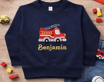 Embroidered Fire Truck Applique Toddler Sweatshirt - Personalized Name Gift