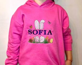 Personalized Easter Hoodies for Kids, Custom Embroidered Design with Name, Easter Bunny Hoodie for Kids, Engraved Name Kids Hoodie Gift