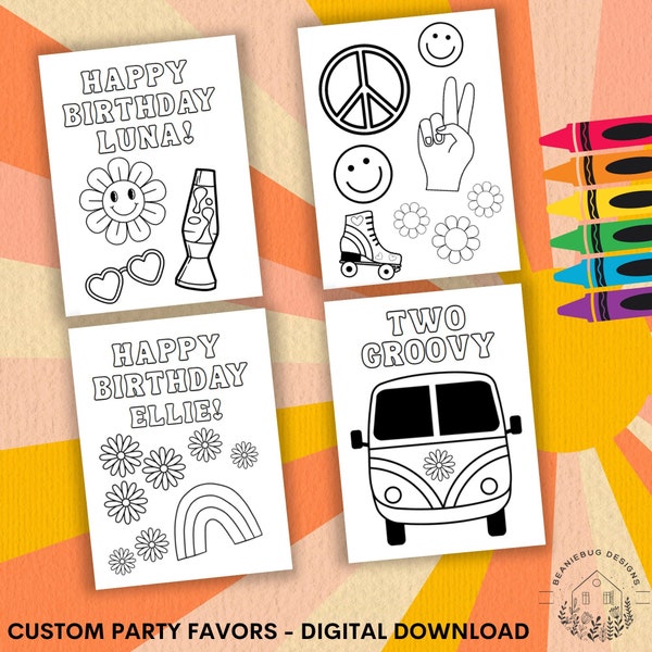 Custom Groovy Coloring Pages Party Favors Printable, Retro Birthday Groovy Party, Coloring Sheets, 60s & 70's, Digital Download, Two Groovy