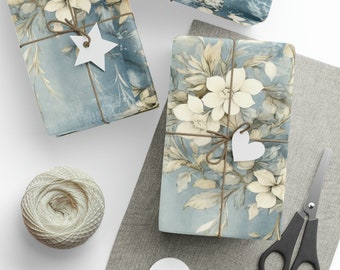 Vintage Christmas Wrapping Paper, Floral Wrapping Paper, Cute Blue Wrapping Paper