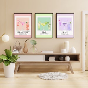 Cartel de cóctel, arte de pared digital de cóctel, arte de pared vintage, cartel de Margaritas, conjunto de 4 bebidas alcohólicas arte de pared digital